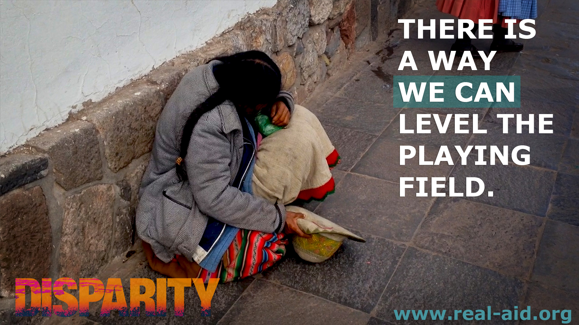 Disparity Film poster, there is a way we can level the playing field quote, south american woman on ground image