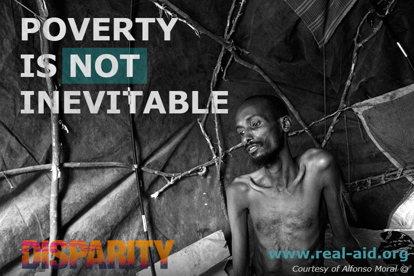 Disparity film poster, Poverty is not inevitable text, skinny african man image