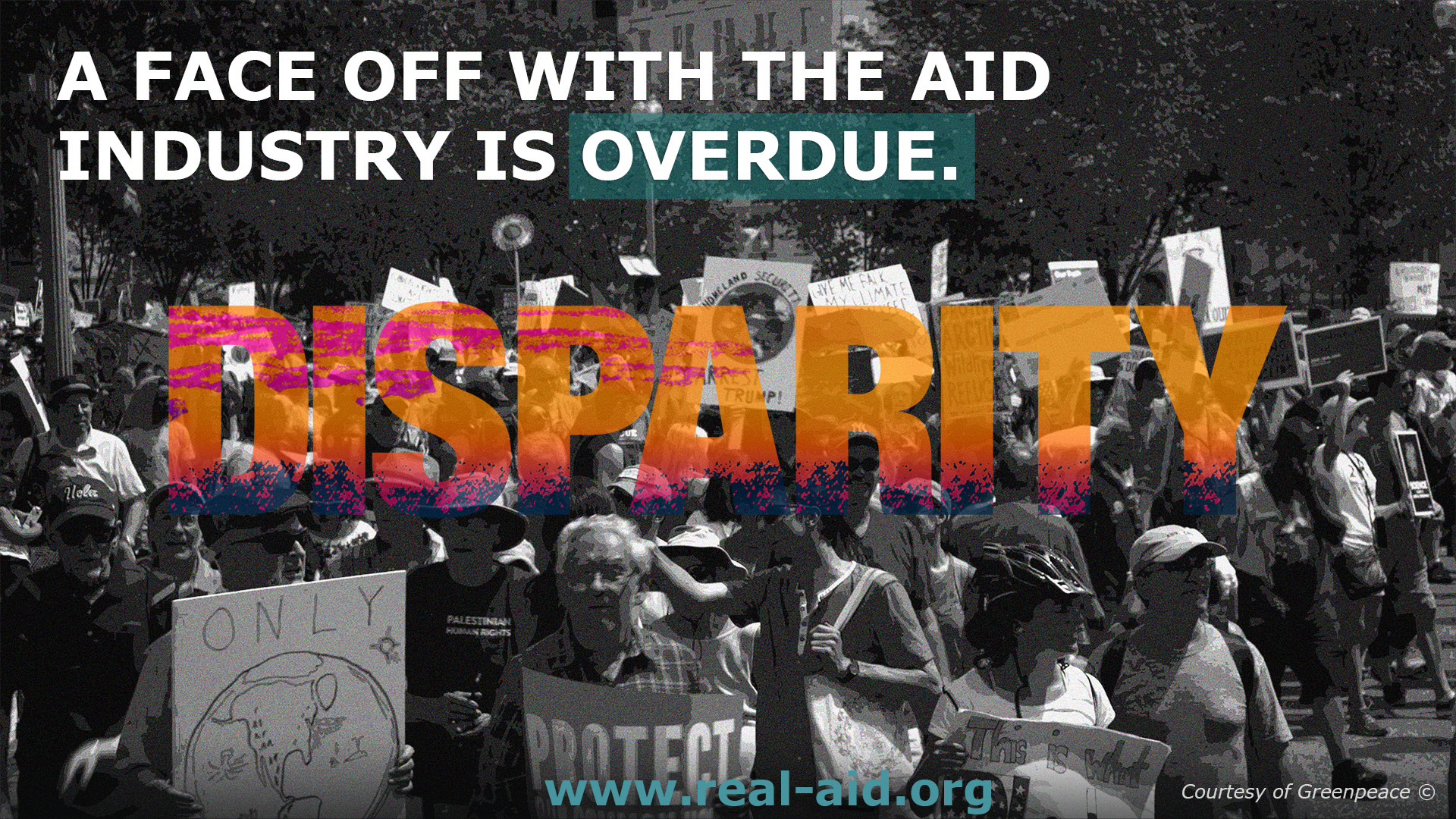 Disparity Film poster, A face off with the aid industry is overdue text, protest revolution image