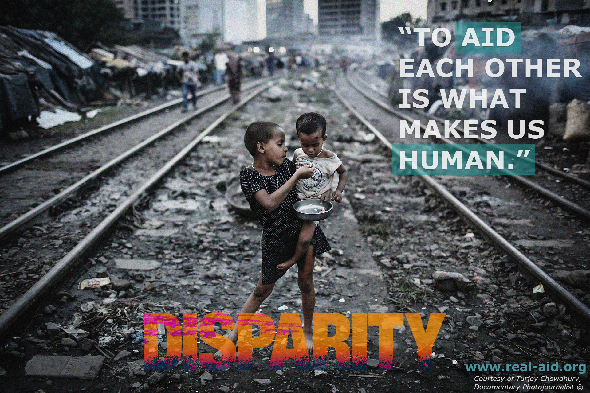 Disparity Film Poster, to aid each other is what makes us human text, boy feeding younger boy on train tracks image