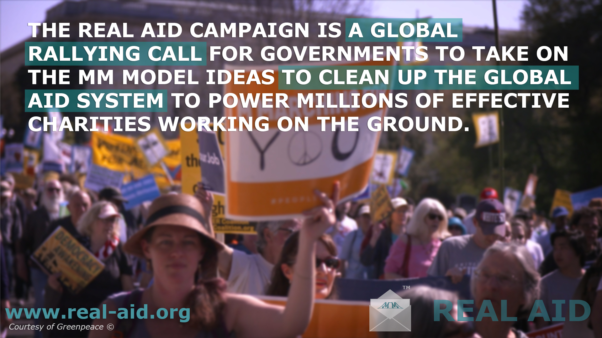 eal AId poster, text calling on reader to help clean up the global aid system, image of protestors holding signs