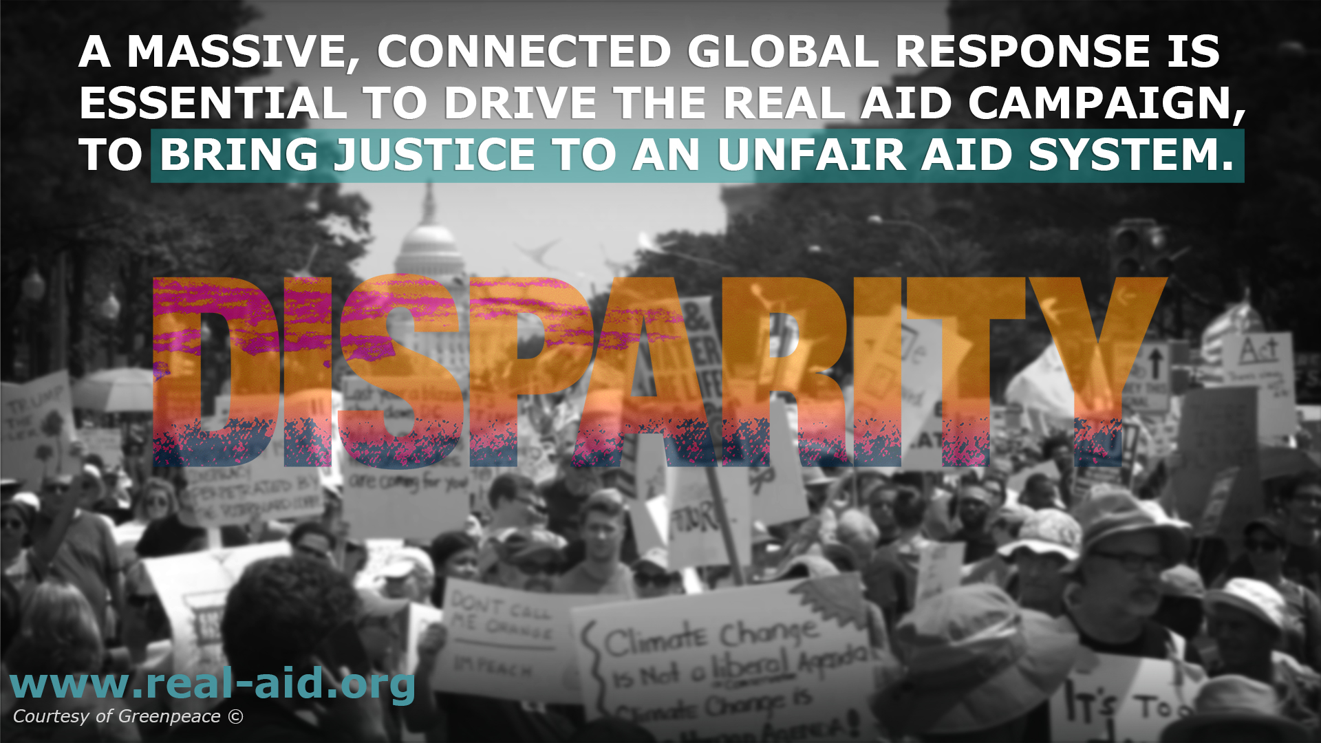 Disparity poster, Bring Justice to an unfair aid system text, protest in washington dc image