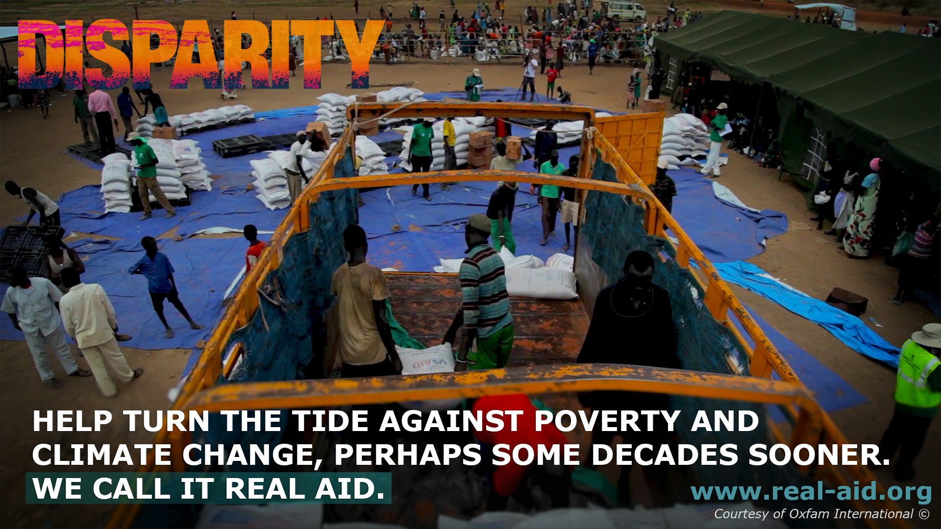 Disparity Film poster, help turn the tide against poverty and climate change text, aid being distributed from truck image