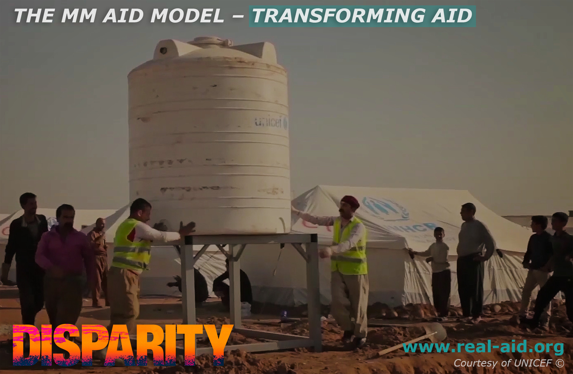 Disparity Film Poster, MM aid model transforming aid text, aid workers assembling tents and water image