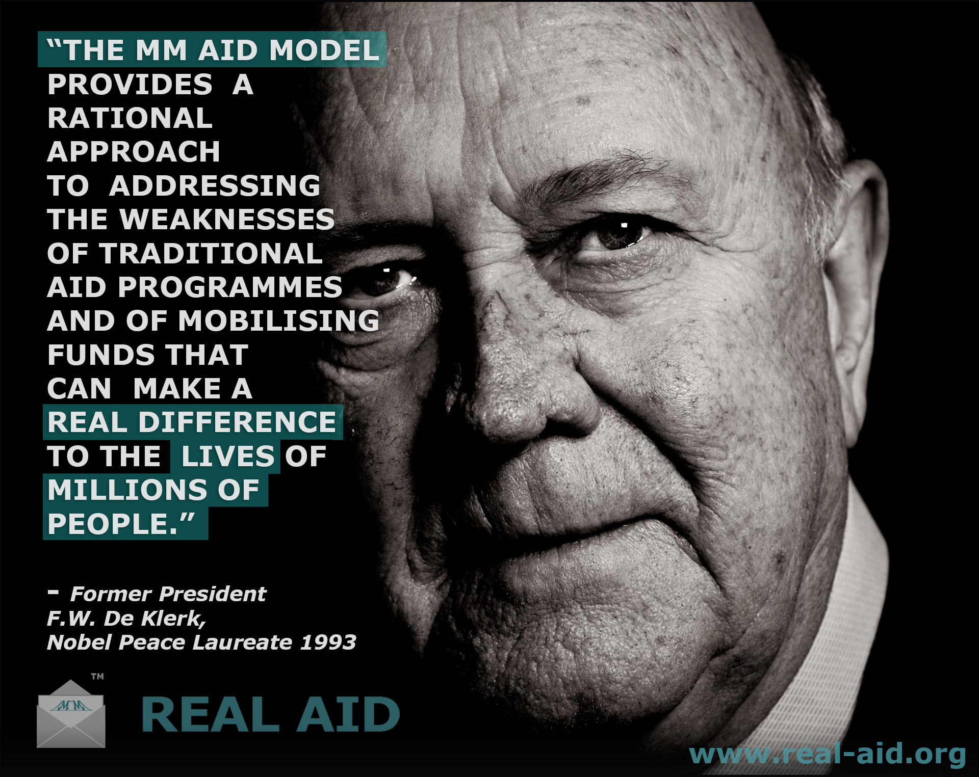 FW de Klerk portrait, quote "make a real difference to the lives of millions of people"