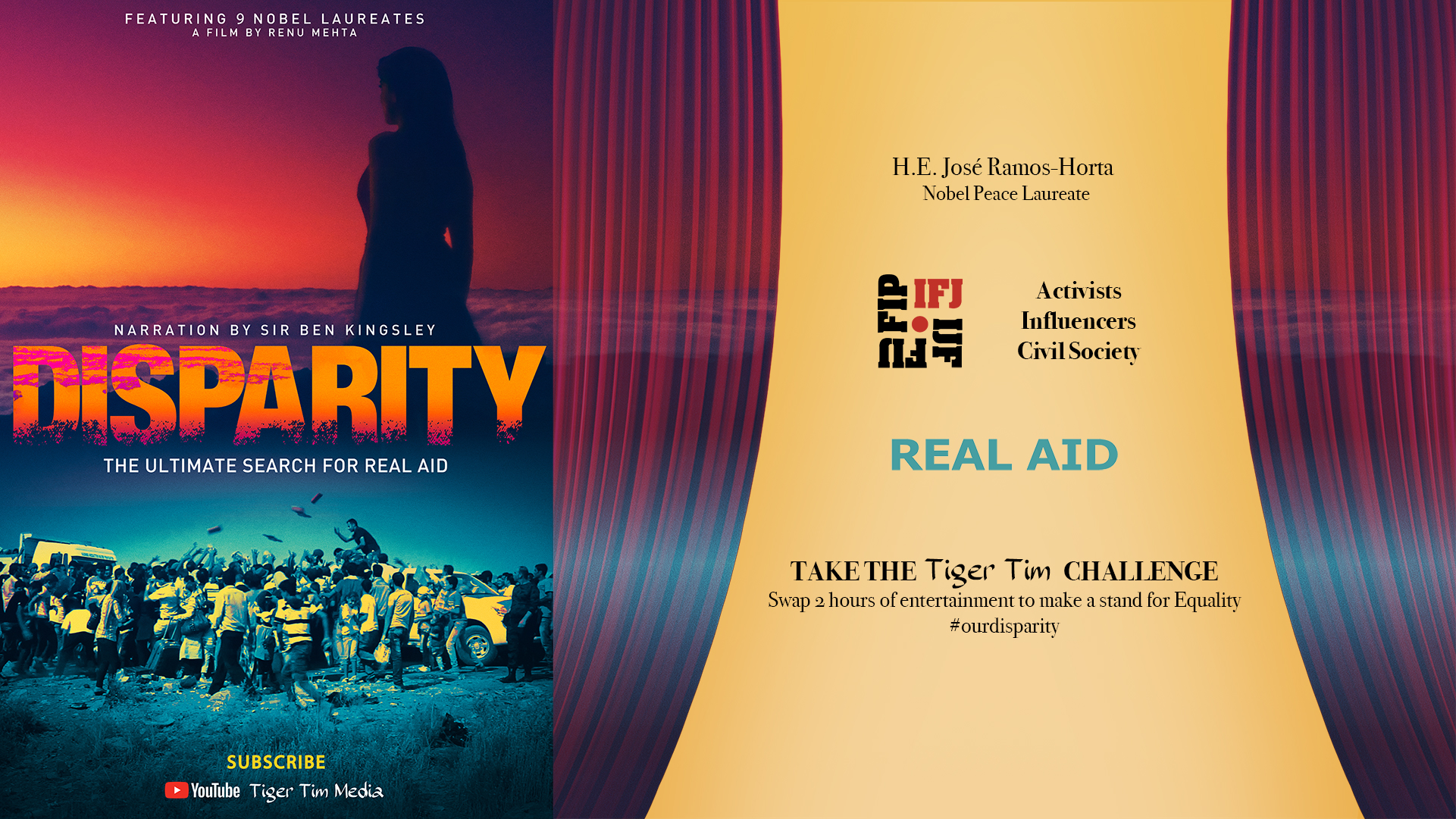 Disparity film poster, real aid charity and tiger tim challenge invitation